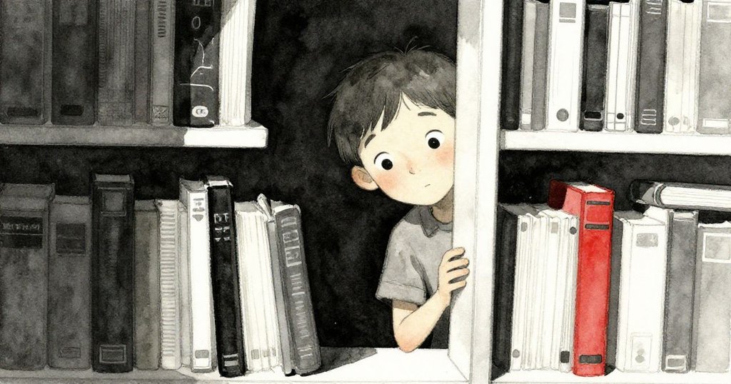 Finn側身從書架縫隙探望，眼神充滿好奇，背景書架緊密排列，場面神秘而吸引。