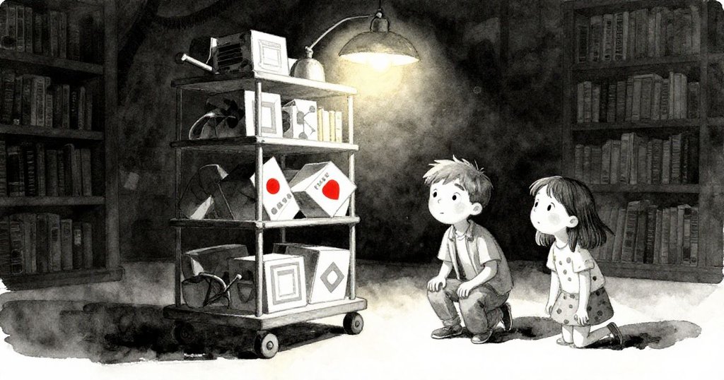 Ruby與Finn蹲在書車旁，觀察錯落書堆構成的超現實幾何，燈光柔和，場景充滿探險與挑戰。