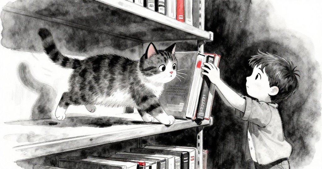 書車上貓咪突然躍起，搖動書車釋放藝術冊，Finn奮力伸手取書，場面緊張而充滿活力。