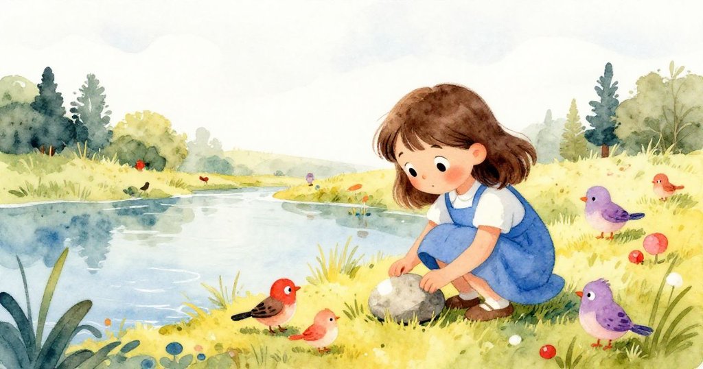 莉莉在池塘邊彎腰探查發光石板,四周有小鳥和動物圍繞,表情充滿好奇與期待,開始探索之旅。