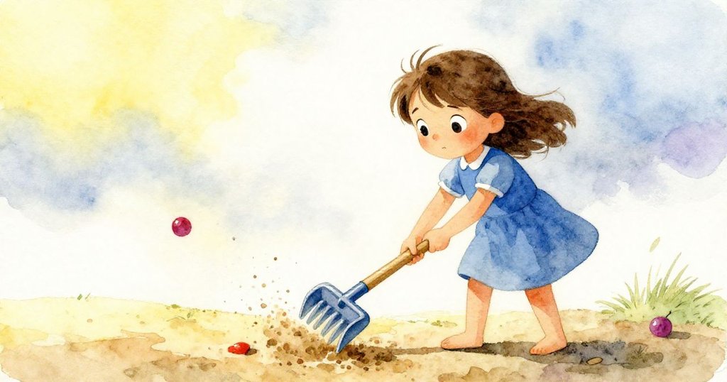 從低角度仰視莉莉使用耙子清理沉積泥沙,臉上展現堅定神情,仰望廣闊陰沉天空。