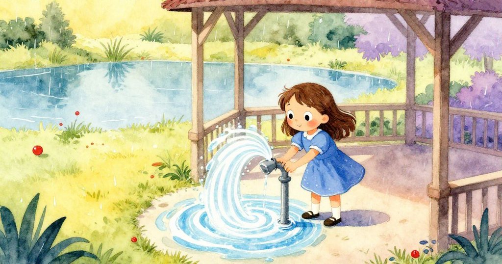 從涼亭上方俯瞰,莉莉在排水孔邊努力,雨中水旋形成明亮螺旋,展現環境變化。