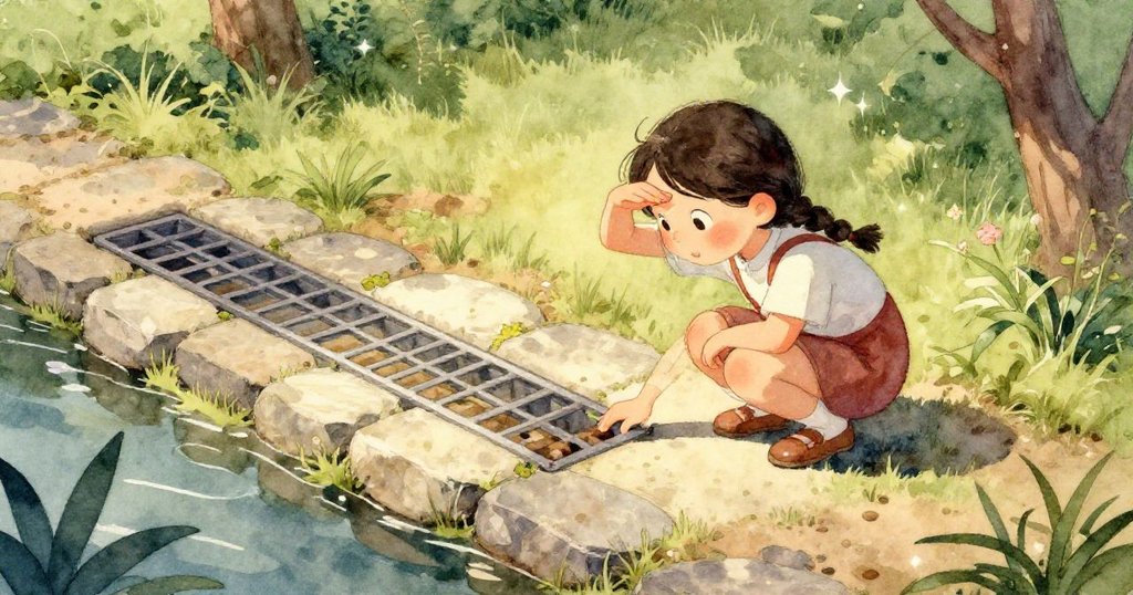 莉莉細心抬起玻璃彈珠,彈珠映出燈光微光,她的手輕柔展現驚喜與發現。