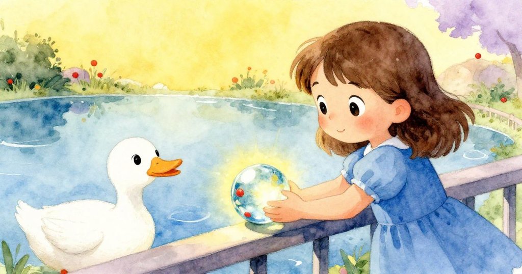 莉莉將發光彈珠輕放欄杆,鴨子走近互動,兩者共享自然禮物,畫面溫馨且充滿驚喜。