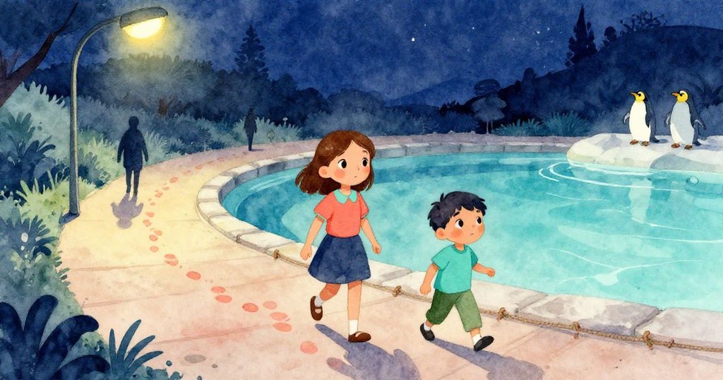 格蕾塔與賽斯在企鵝池旁的步道上行走，鞋印清晰，長長的剪影在明亮燈光中展現冒險開端。