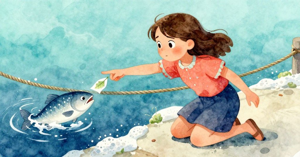 格蕾塔從低角度呈現，她蹲在繩邊用傳單輕巧引導滑溜的魚，表情專注動作果斷。