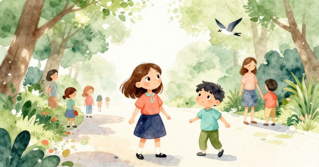 在明亮季節中，不同家庭於步道上互動，鳥鳴與斑駁光影營造出溫暖愉快的戶外場景。