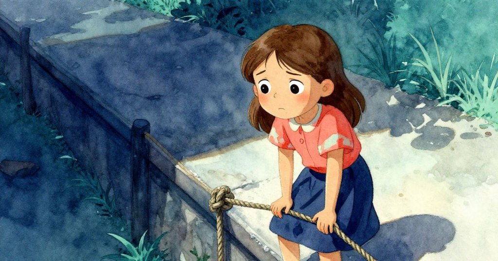 格蕾塔在繩邊停下，肩膀低垂，暗色帶穿過步道，展現她內心掙扎與遲疑。