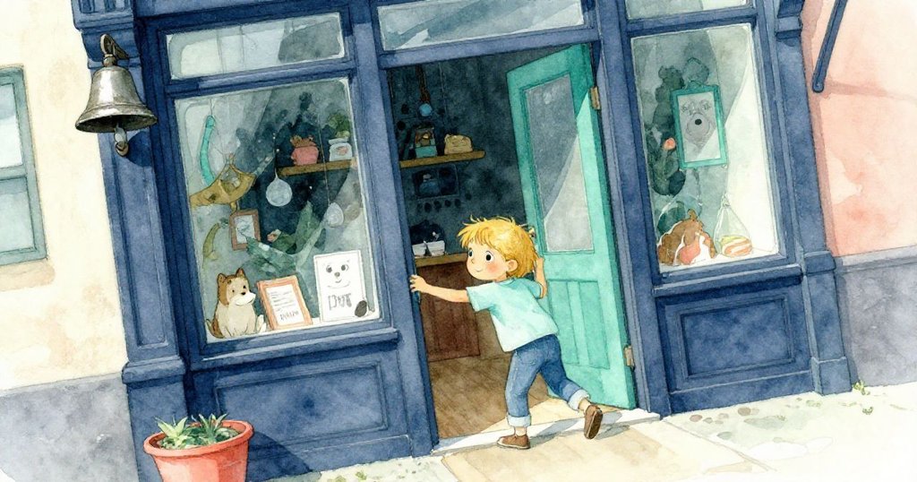 昆恩推門進入寵物店，金屬門鈴覆滿灰塵，場景充滿好奇與期待，室內隱現繁忙情景