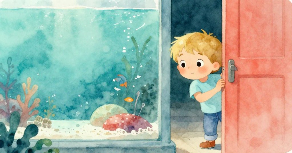 昆恩在水族箱旁透過縫隙窺視睡著的倉鼠，周圍環境充滿悠然氛圍，他的眼神中流露出期待