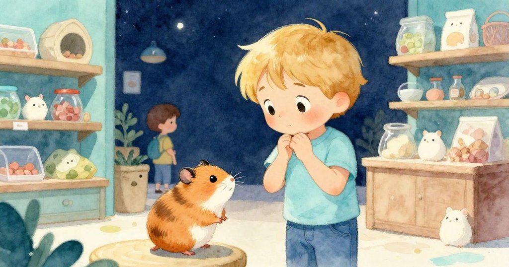 昆恩凝視著有著漩渦花紋的倉鼠，思考選擇，背景中有等待的顧客和滴答作響的計時器，表情專注