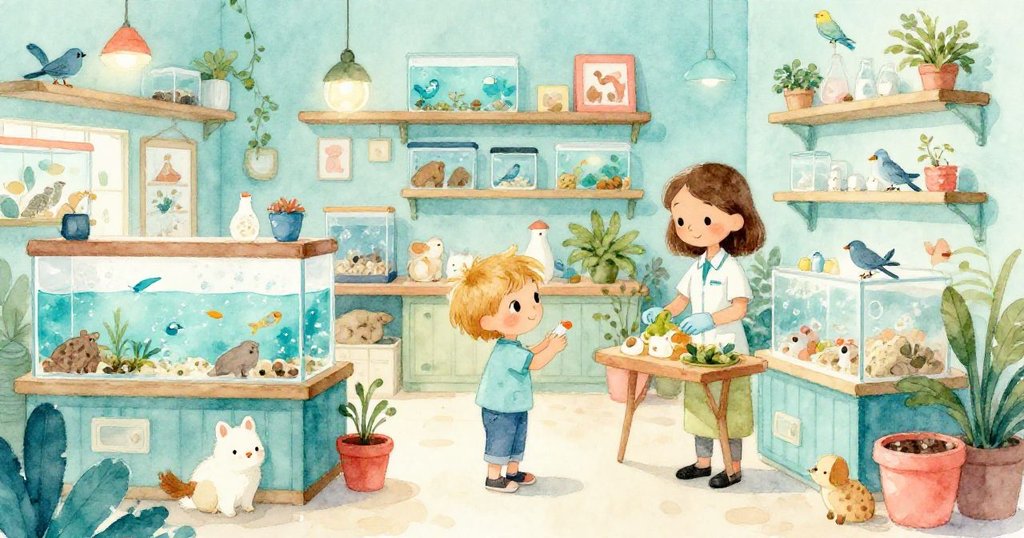 寬闊視角展示整個寵物店內部，昆恩和迪娜與各種動物互動，水族箱、泵浦、鸚鵡叫聲交織出迷你世界般的生氣