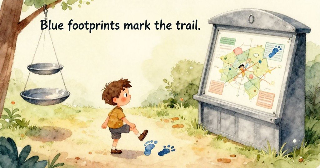 Sam 伸出手輕觸金屬平衡盤，仔細察看藍色發光線及石頭質感，展示展覽區精緻肌理與細節。