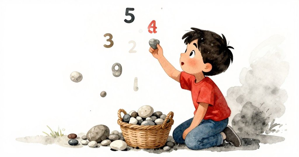 Sam 膝蓋著地在展區前動作靈活，仔細挑選石頭並模擬數字，畫面以傾斜角度呈現動感與專注。