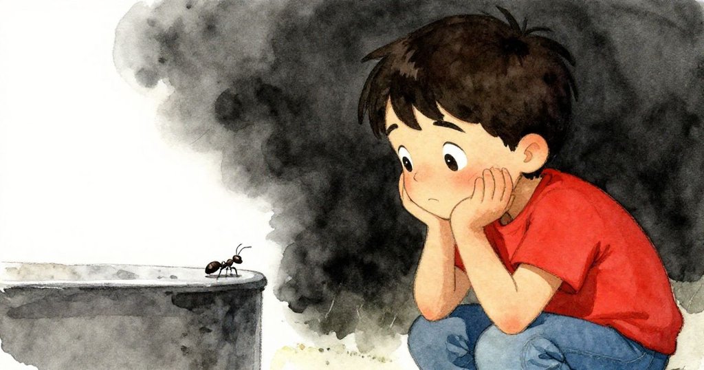 Sam 靜思中回憶螞蟻在金屬邊緣前行，畫面以懷舊柔和色調展現出沉思與溫暖記憶。