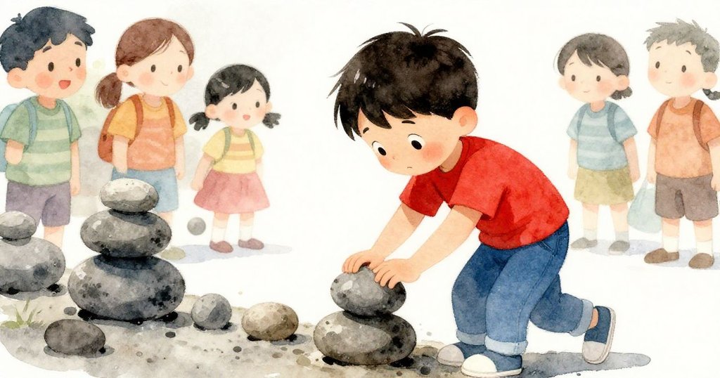 Sam 專注於調整石頭時，背後好奇訪客靜靜圍觀，展覽場景流露出和諧互動與溫馨氛圍。