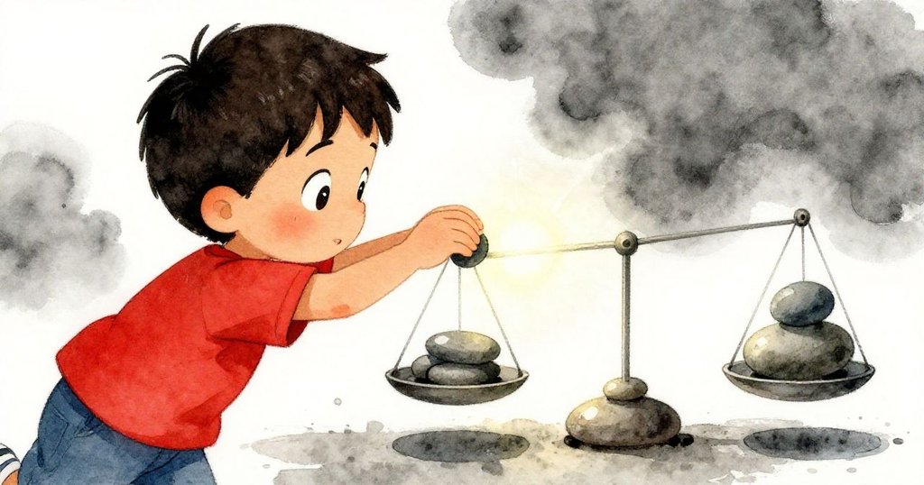 Sam 嬉然將最後一顆石頭放置在平衡裝置上，指標精準對位後發出柔光，石子滾動展現成功喜悅。