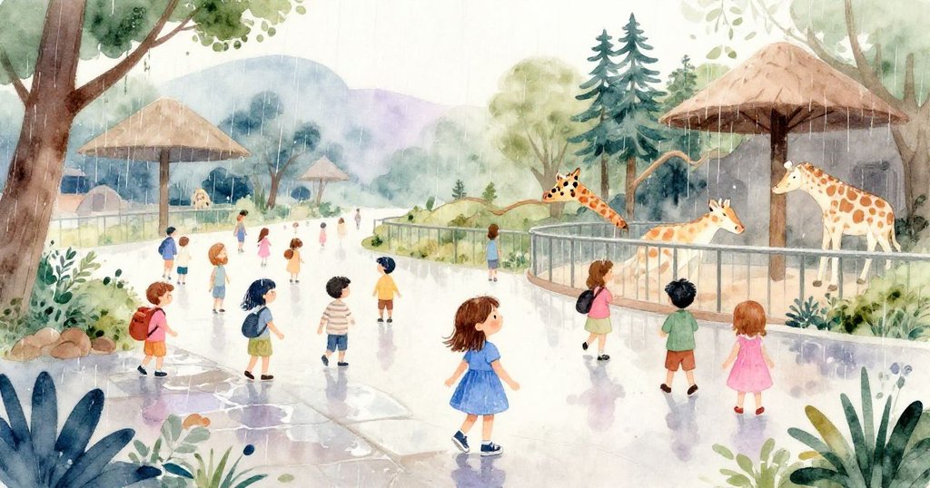 Zara在動物園裡與眾多遊客相伴，停在潮濕石板上，眼神好奇，周圍有學校團體及自然環境。