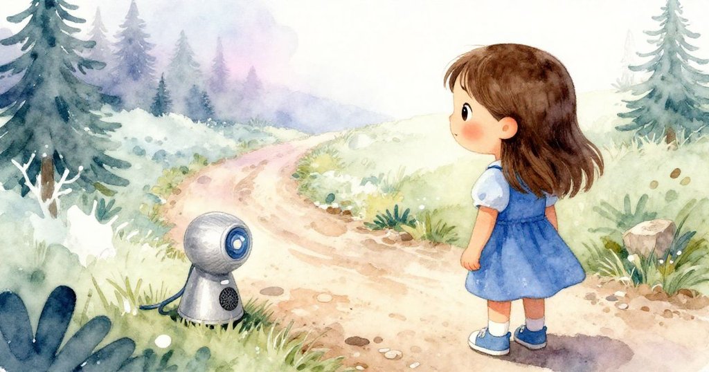 從Zara的背後看去，她正好奇地注視著泥跡上微光閃爍的餵食器，環境細節呈現濕潤足跡和柔和光影。