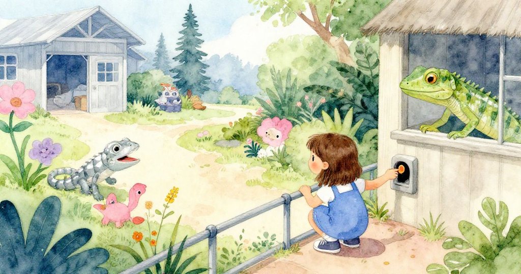 從高處俯瞰動物園，Zara蹲在狹窄欄杆旁，將代幣投入神秘機器，背景展現爬行館與濕潤的自然環境。