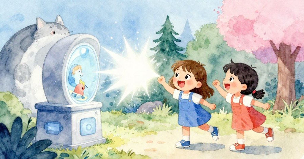 Zara與另一位小朋友興奮地對視，眼中充滿驚奇，代幣落入機器激發出一道耀眼白光，背景環境活潑明亮。