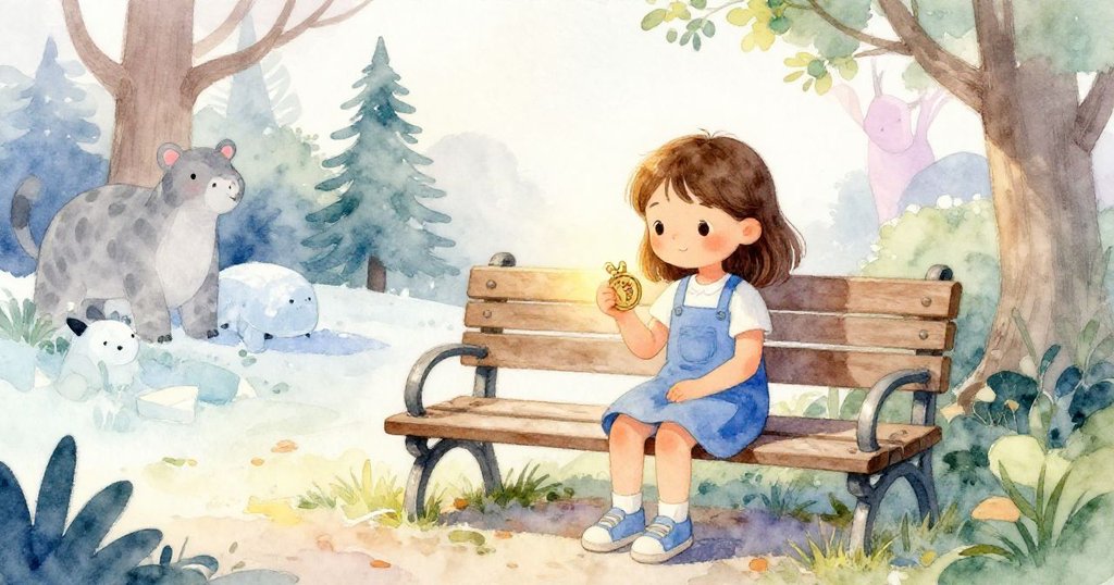 Zara坐在園中長椅上，溫柔地握著刻有足跡的代幣，面帶寧靜微笑，沉浸在柔和午後陽光與寧靜環境中。