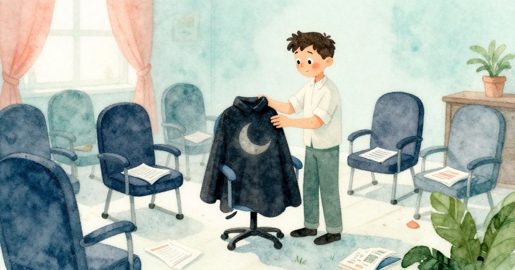 布拉姆在晨光中仔細檢查披風上淡月形污跡，室內環境溫暖且充滿等待區和雜誌，展現新一天的開始。