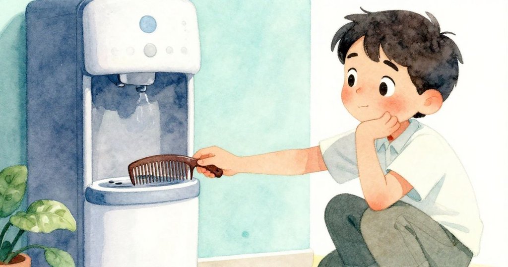 布拉姆靜思中發現一把遺落的梳子，輕撫梳面，臉上流露出深思熟慮的神情，背景隱約見水機。