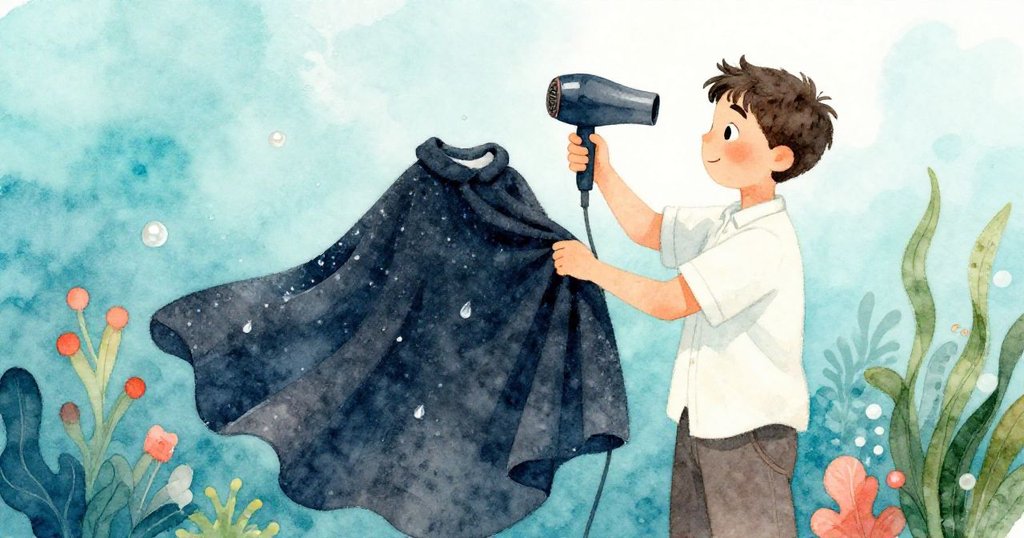 布拉姆用暖風機整理掉落髮屑，披風上細小水滴在光中閃爍，呈現出如水下般夢幻的細節。