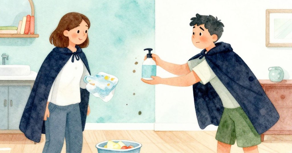 妮娜帶著新噴霧瓶出現，輕放於披風旁，布拉姆接過後露出釋然笑容，室內暖光中展現成功與希望。