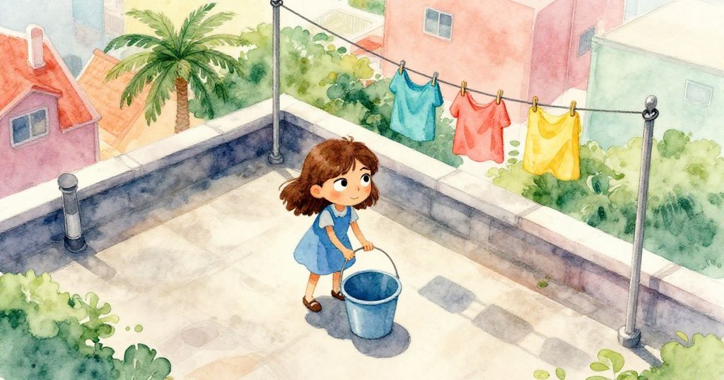 Thea站在屋頂上，明亮陽光與深陰影交織，尋找掛衣繩旁陰影中的桶，臉上專注且充滿決心。