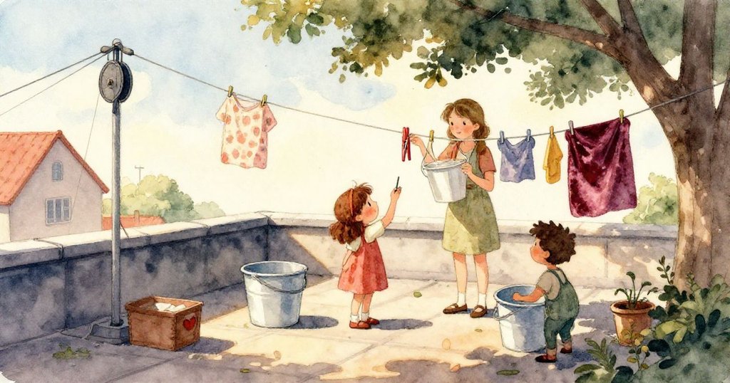 Thea動手傾斜水桶，近拍展示兩個木製衣夾在陽光下閃爍，細節豐富呈現任務關鍵物品。