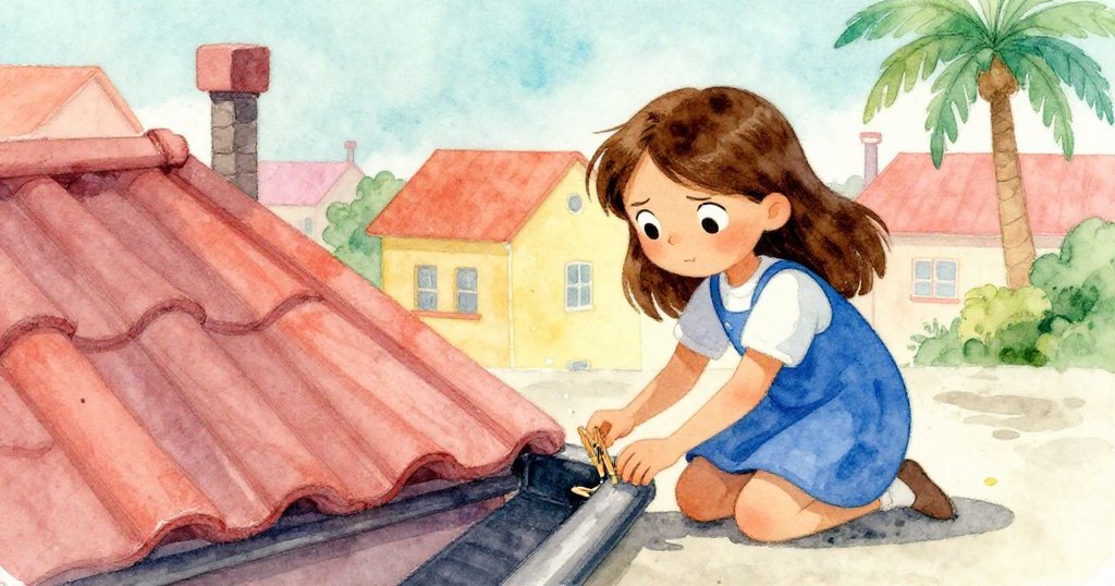 Thea蹲於水溝旁，專注從混凝土裂縫中撿取微光衣夾，背景陰影與亮光交錯，氣氛凝重。