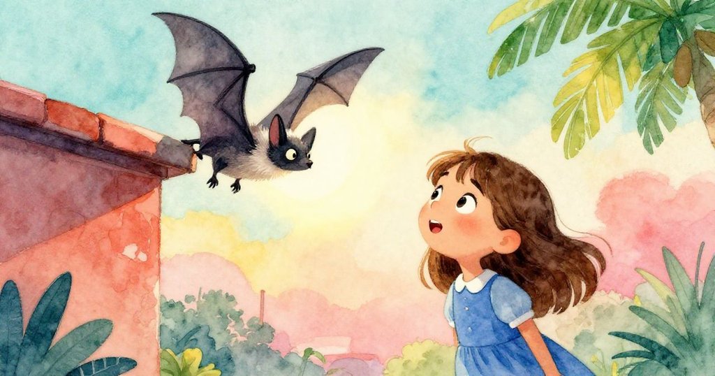 Thea驚訝地向上望去，小蝙蝠逆掛在屋頂橫梁上，翅膀在陽光中閃爍，場景充滿動感。