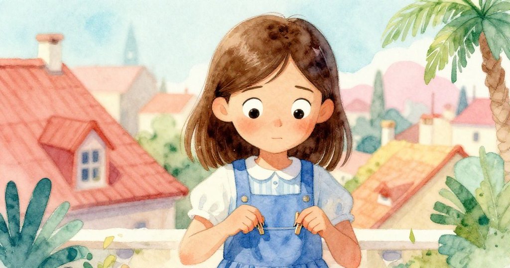 Thea凝視著手中衣夾，臉上映出歷史屋頂記憶，情緒複雜且流露堅毅與回憶。