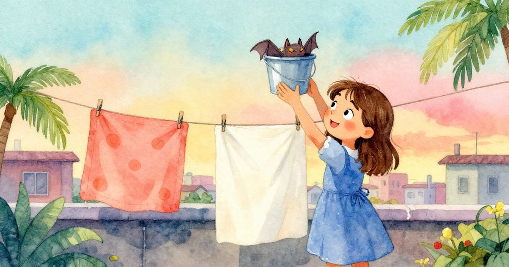 Thea輕鬆微笑著完成衣夾安裝，仔細移動水桶擋住光線，讓小蝙蝠安然入睡，屋頂顯得寧靜。