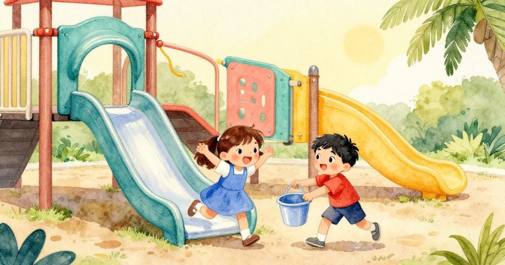 Nell和Reed在明亮操場前，陽光灑落下，準備進行他們的計畫，充滿期待與快樂感。