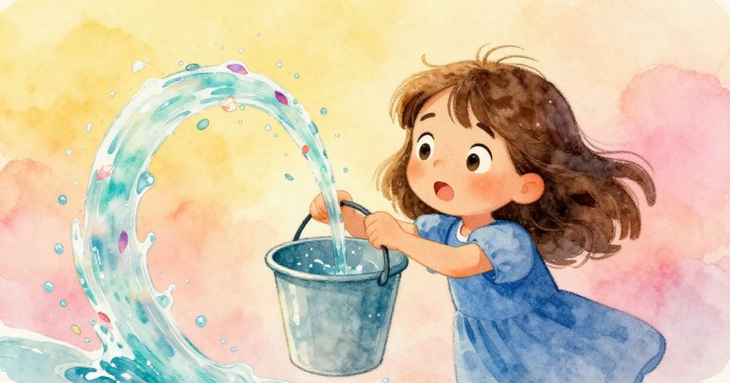 Nell專注傾倒水流，水珠在陽光下閃耀，她充滿決心與希望，正努力使滑梯降溫。