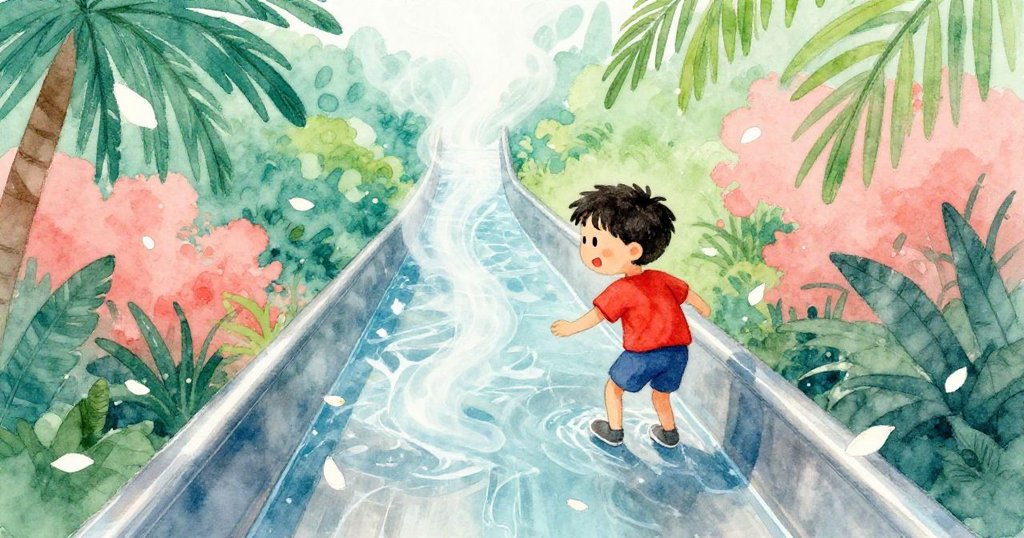 Reed在滑梯頂端觀看水流解熱，蒸氣朦朧中，白色花瓣飛舞，展現他內心的奇幻想像。