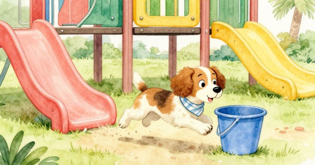 調皮的沙色狗狗在滑梯下奔跑，用鼻尖輕頂水桶，現場充滿驚喜和活力。