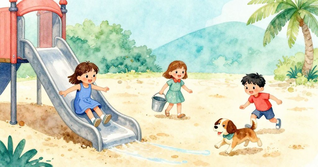 Reed快樂滑下涼爽滑梯，Nell提著半滿水桶走向沙坑，狗狗跟隨其後，水跡透露著神秘冒險。