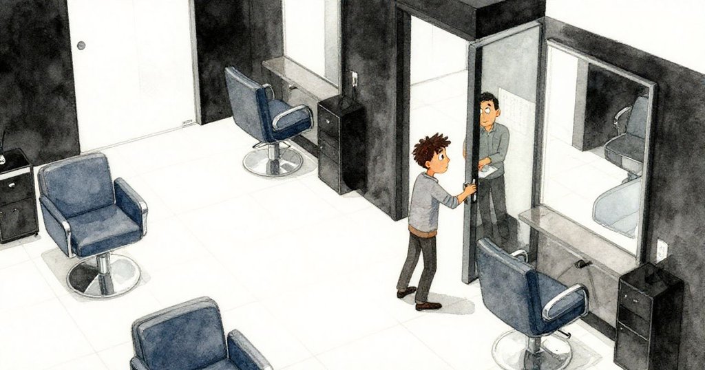 瑞德推開玻璃門進入沙龍,從上方俯瞰寬敞空間,藍灰色椅子與掛著日程表的牆面展現現代感,瑞德神情堅定。