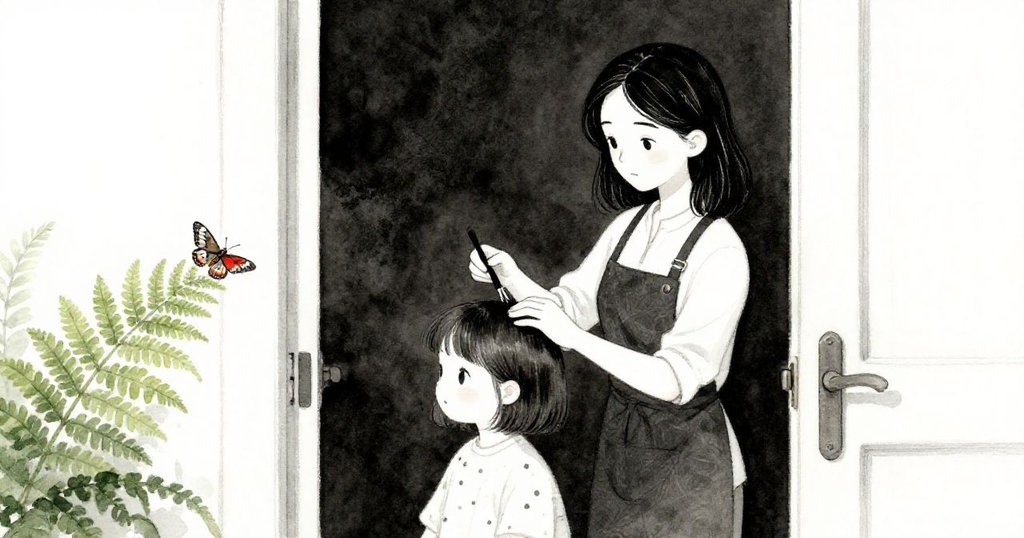 透過半掩的門縫觀察,奧帕爾專注修剪客人流海,旁邊小蛾因綠蕨葉觸碰而驚飛,畫面細膩生動。