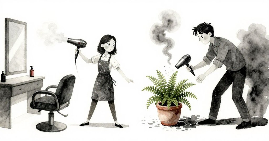 左側呈現沙龍平靜中奧帕爾操作老式吹風機,右側瑞德神情焦急,水杯微傾掀起即將混亂的局面,形成鮮明對比。