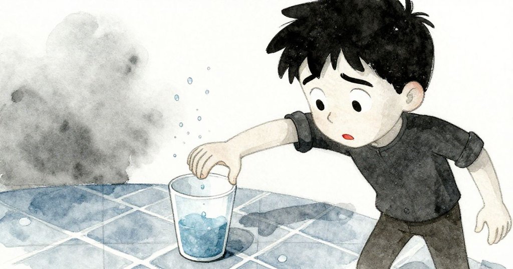 瑞德的手肘不慎推動水杯,空中水滴凝固在藍灰色磁磚上,他的臉上露出驚訝與焦慮的神情,瞬間定格。