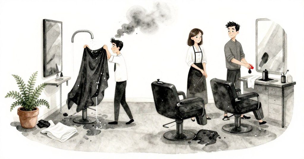 沙龍恢復平靜,萬斯揮動潔淨披肩止水,奧帕爾從容關閉水龍頭,現場散落毛巾與蕨葉暗示昨日驟變後的調整與安穩。