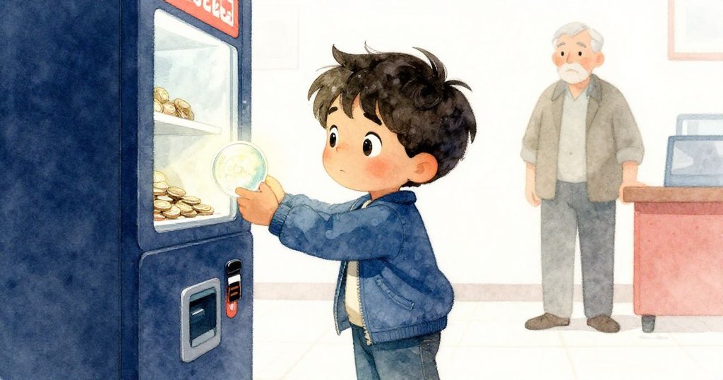 布雷克在自助機前抬目凝視,手持閃亮一角硬幣,低角度展現場景之緊迫與重要,背景中有老人散落硬幣。