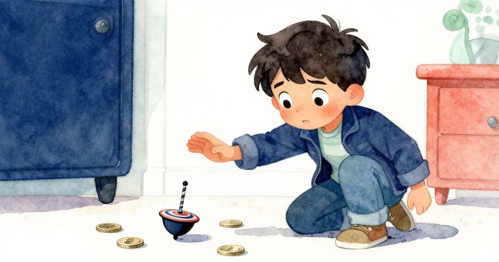 布雷克蹲下,果斷按住旋轉玩具,硬幣靜靜聚集,他滿臉專注,動作果斷,場景現緊張轉機。