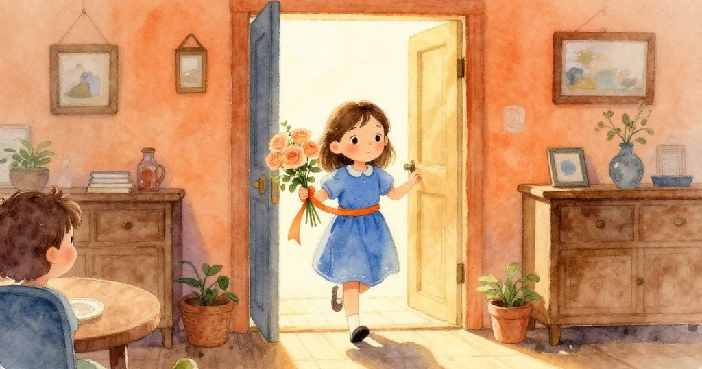 Iris走進室內包裝站，手持薑黃色絲帶與桃玫瑰，燈光溫暖，充滿期待迎向繁忙工作。