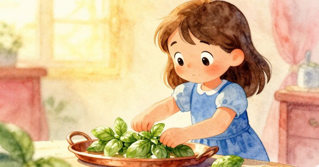 低角度呈現Iris專注擺放羅勒葉於銅盤上，臉上流露溫柔與決心，陽光灑下表情生動。